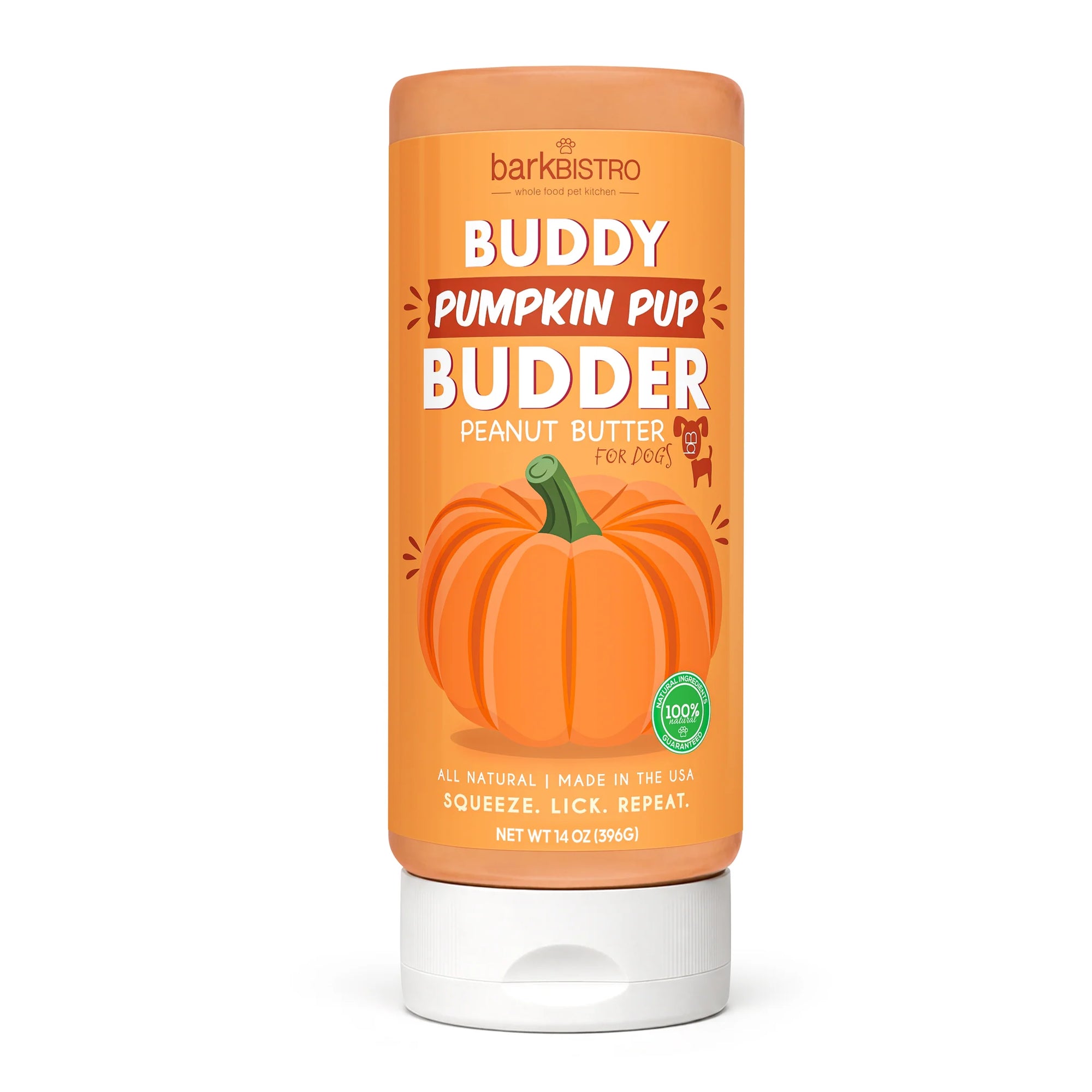 Bark Bistro Pumpkin Pup Buddy Budder - 14oz Dog Peanut Butter Squeeze Bottle