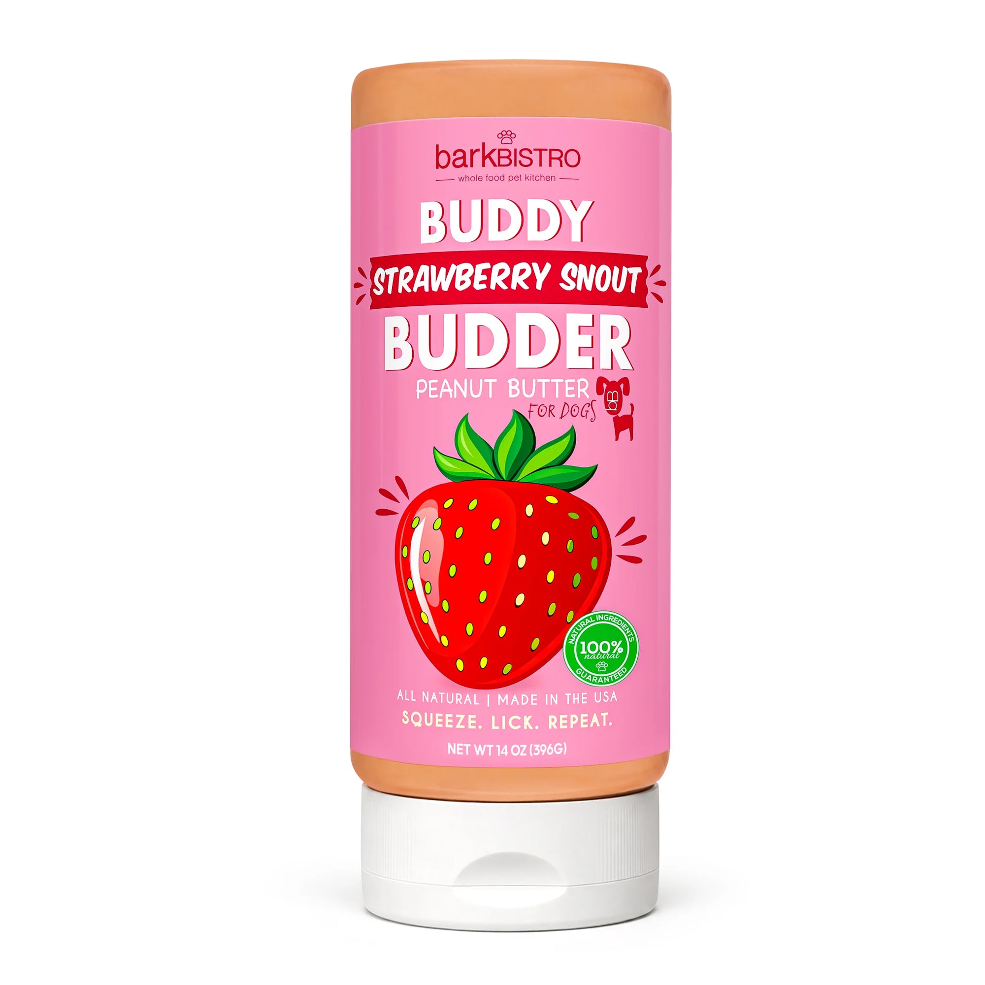 Bark Bistro Strawberry Snout Buddy Budder - 14oz Dog Peanut Butter Squeeze Bottle
