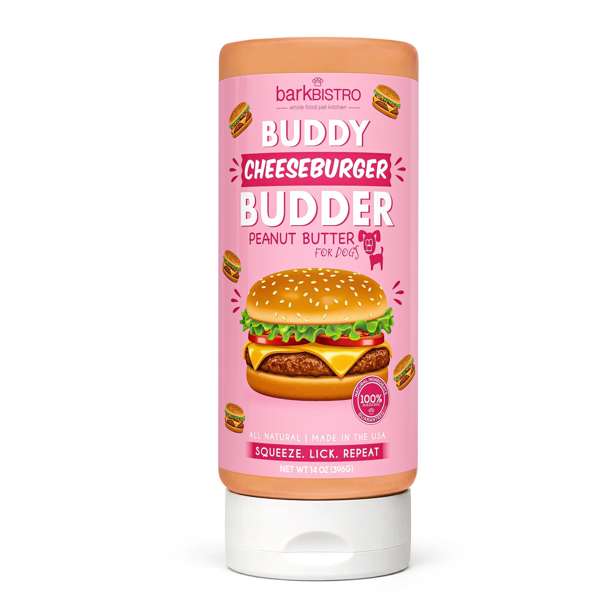 Bark Bistro LIMITED EDITION Cheeseburger Buddy Budder - 14oz Dog Peanut Butter Squeeze Bottle