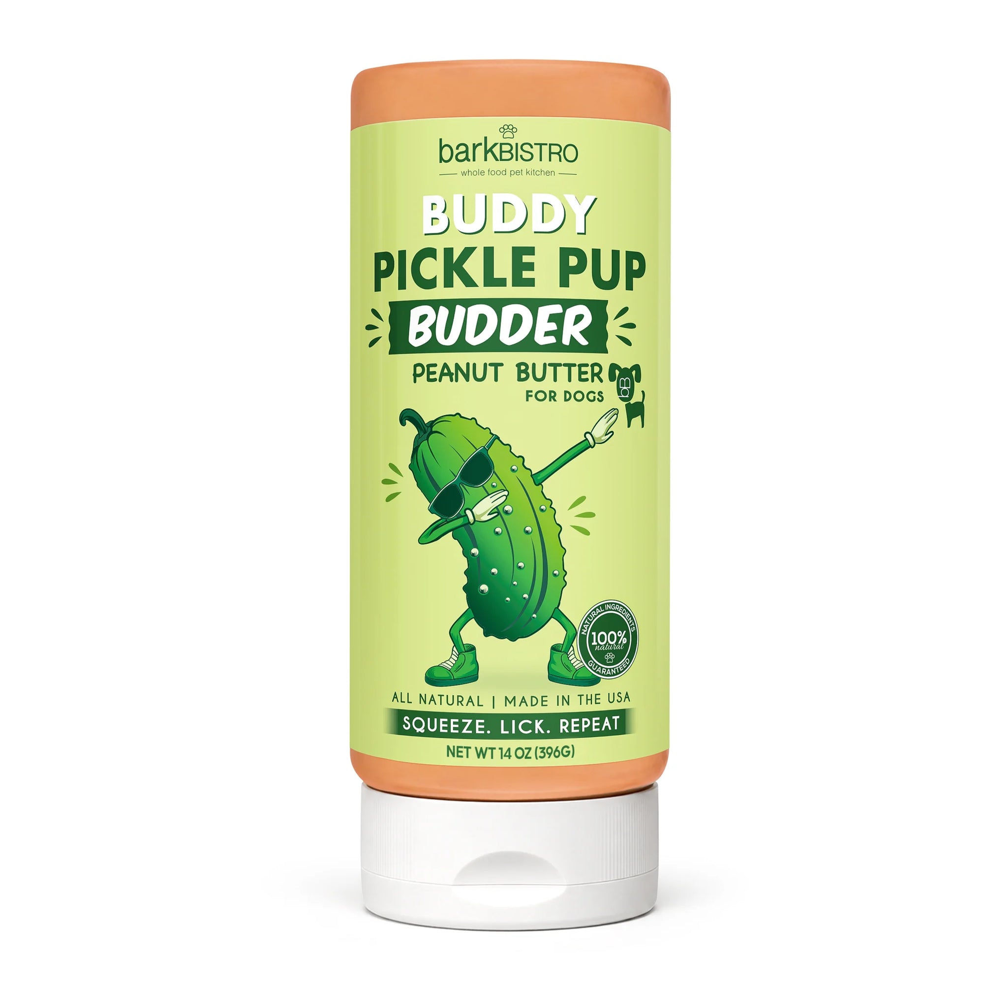 Bark Bistro LIMITED EDITION Pickle Pup Buddy Budder - 14oz Dog Peanut Butter Squeeze Bottle