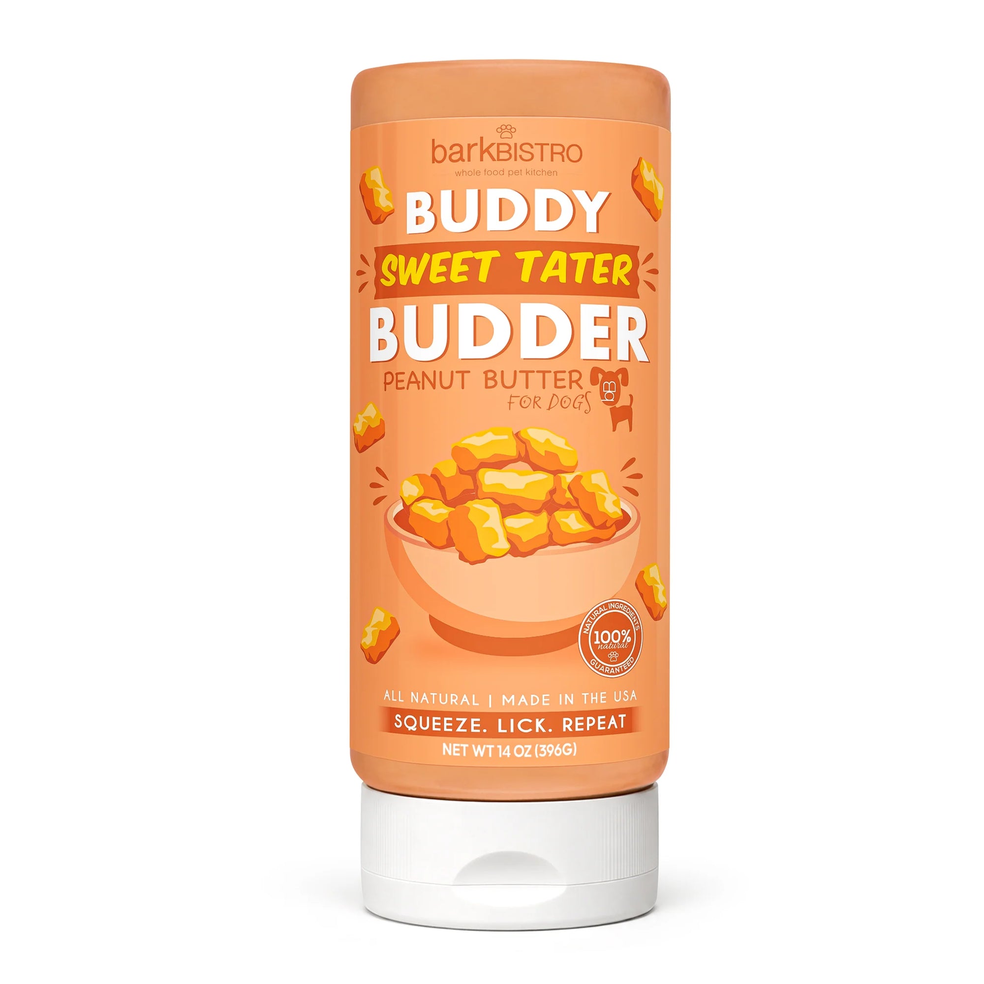 Bark Bistro LIMITED EDITION Sweet Tater Buddy Budder - 14oz Dog Peanut Butter Squeeze Bottle