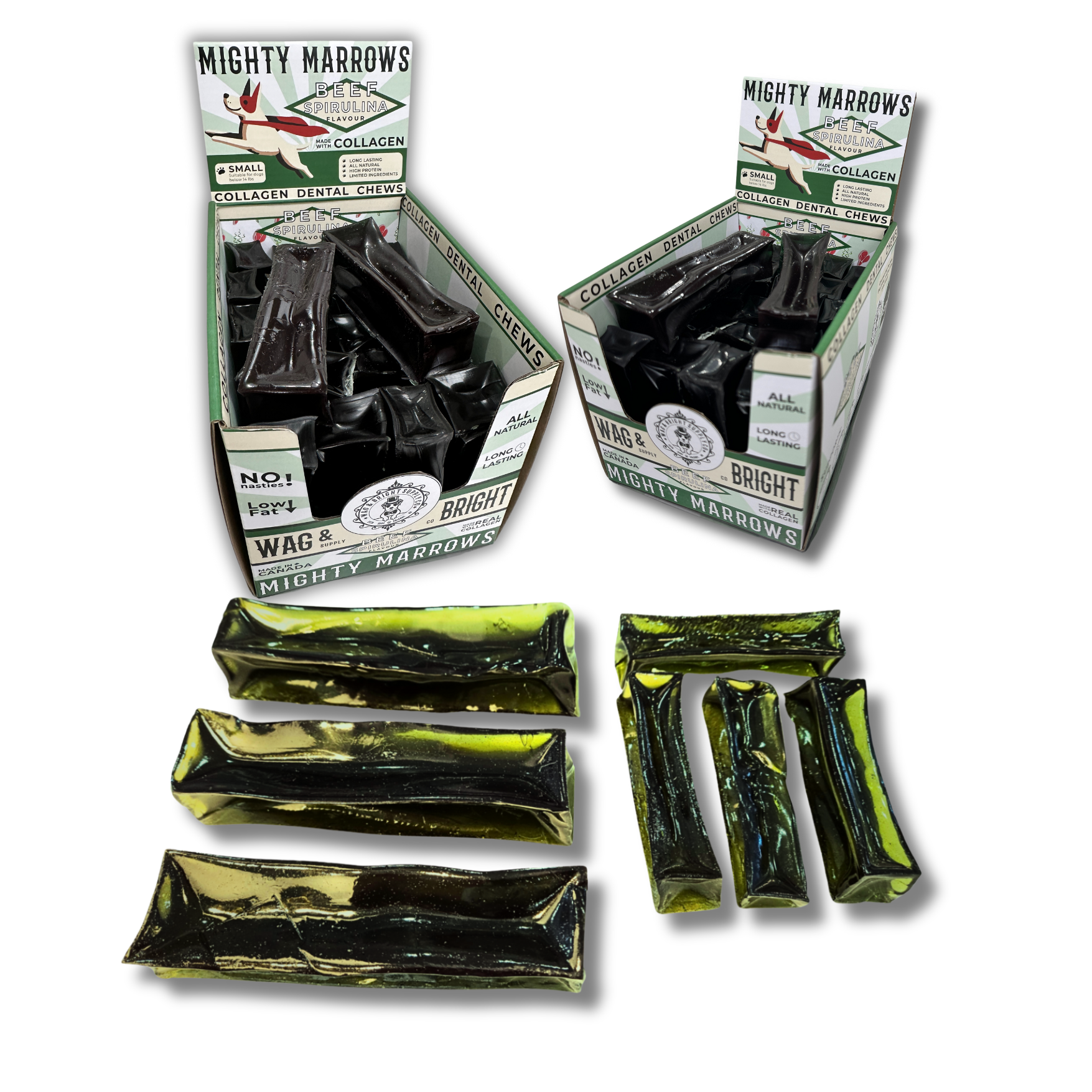 Wag &amp; Bright Supply Co. - Mighty Marrows Collagen Dental Chew- Spirulina Beef- 3 Sizes: Large