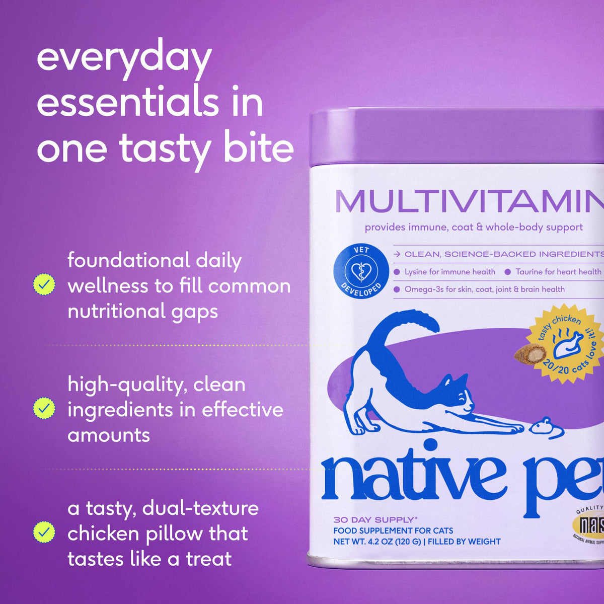 Native Pet - Multivitamin Pillow Chews Complete Wellness Support for Cats