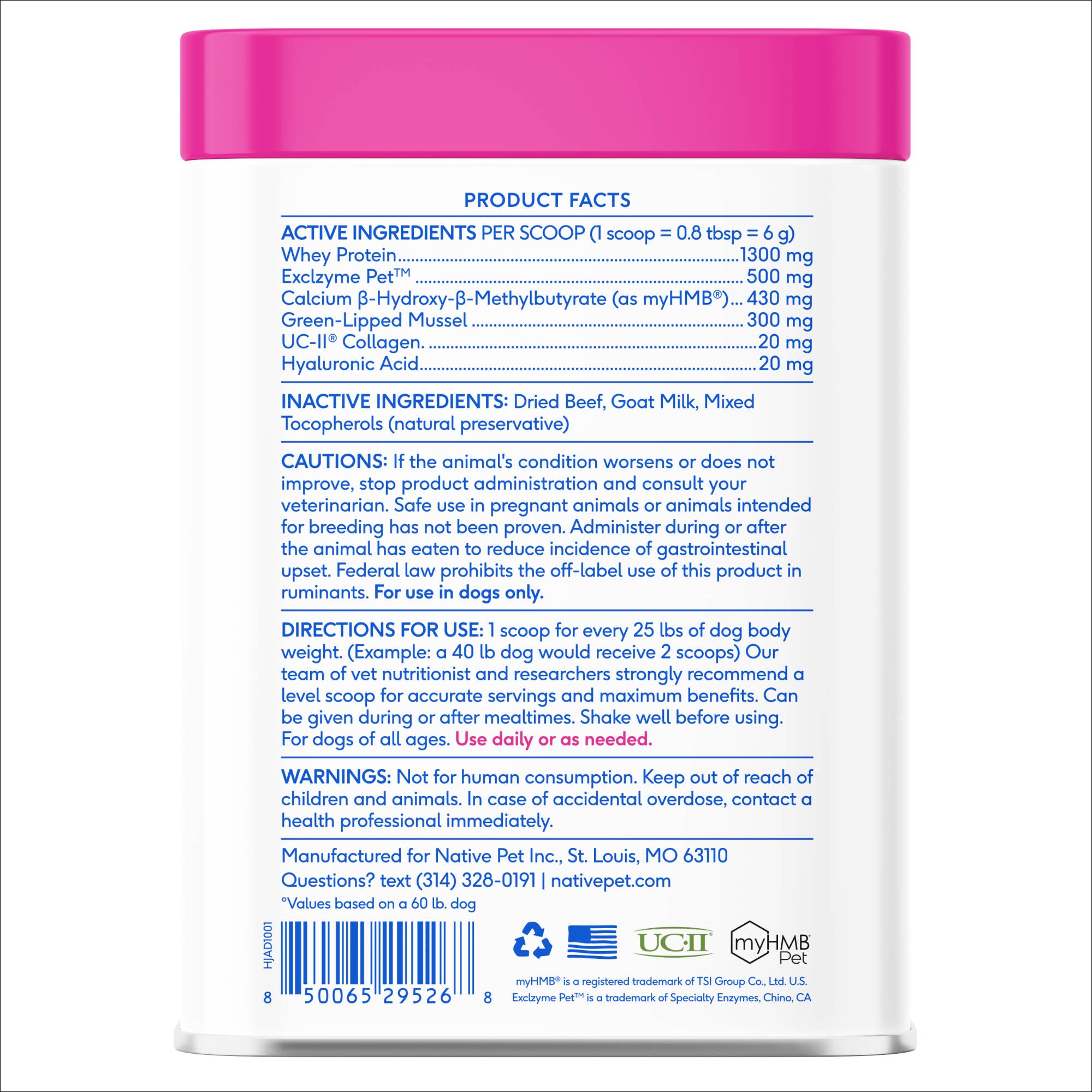 Native Pet - Hip+Joint Advanced Care Powder Joint, Muscle &amp; Inflammation: 60 scoops
