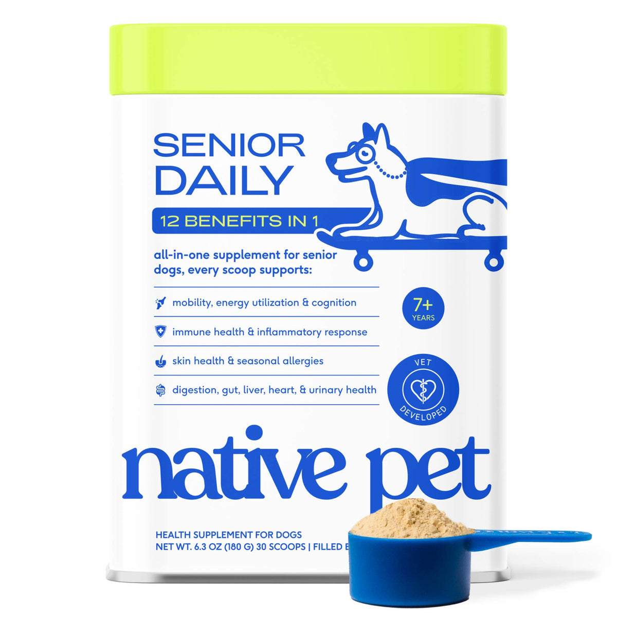Native Pet - Senior Daily 12-in-1 Multivitamin Powder Supplement for Dogs: 30 scoops