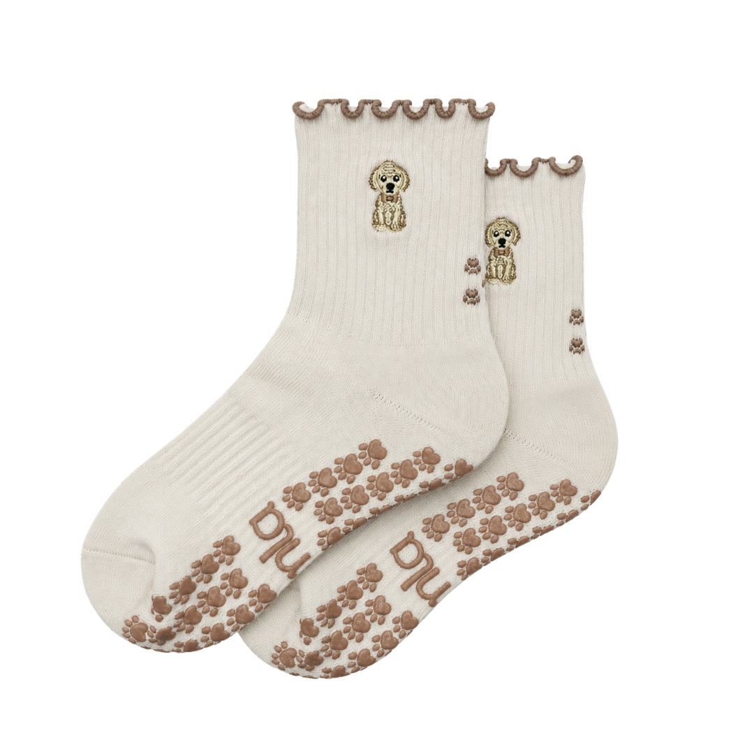 Almla Active - Golden Retriever Ruffle Pilates Socks Brown Paw Shaped Grips