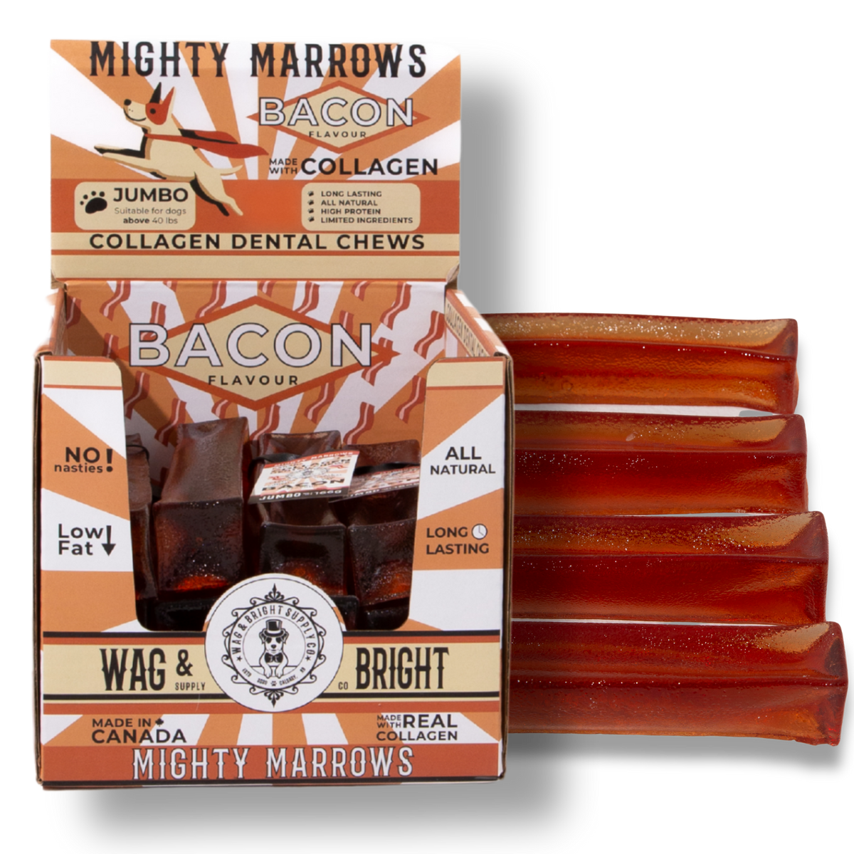 Wag &amp; Bright Supply Co. - Mighty Marrows Collagen Dental Chew - Bacon - 3 Sizes: Large