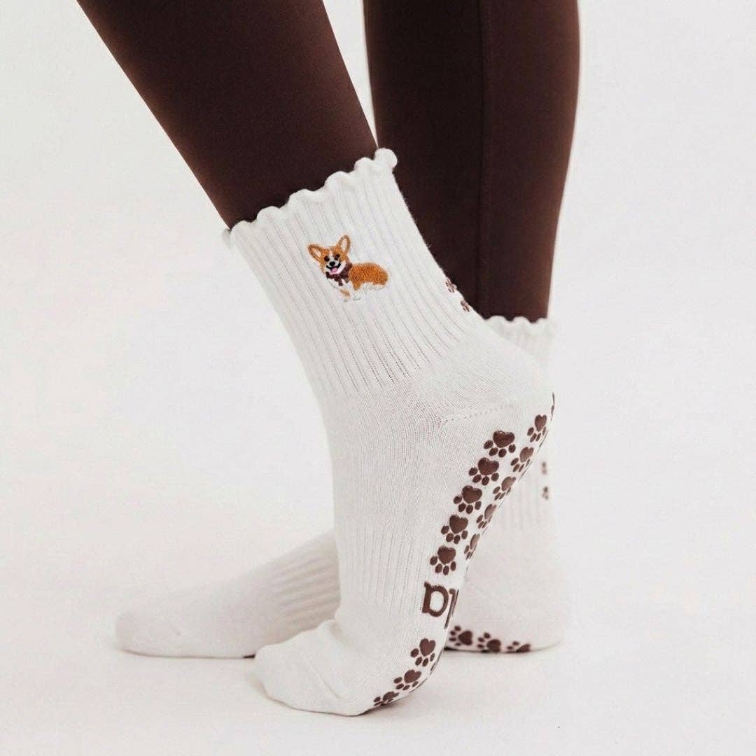 Almla Active - Corgi Embroidered Pilates Socks Brown Paw Grips