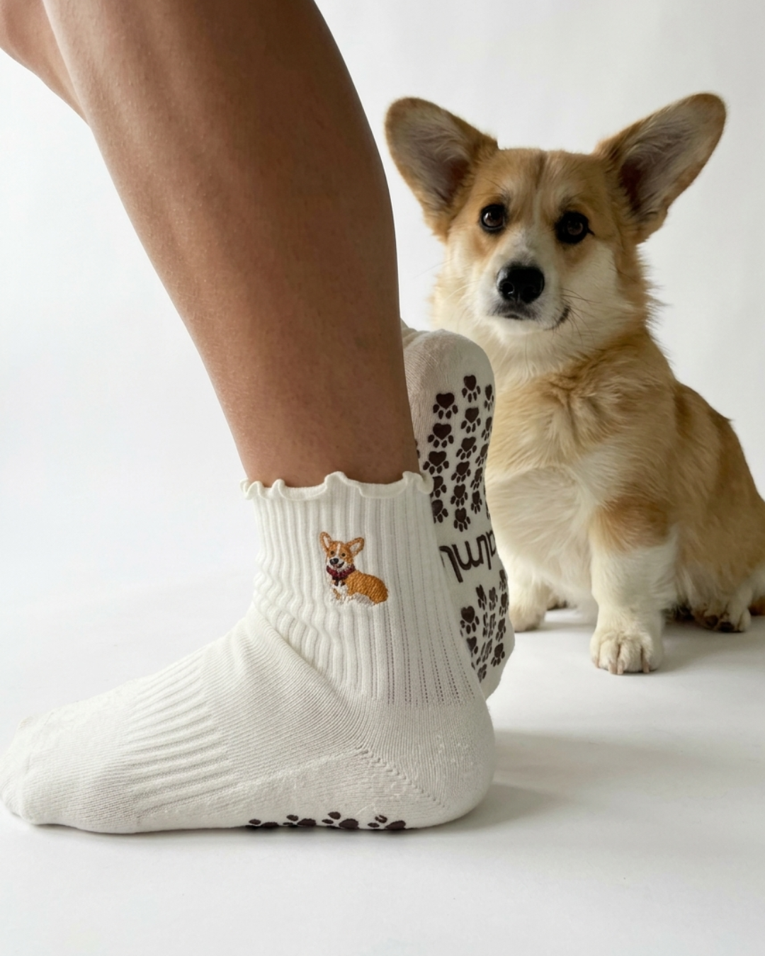 Almla Active - Corgi Embroidered Pilates Socks Brown Paw Grips