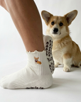 Almla Active - Corgi Embroidered Pilates Socks Brown Paw Grips