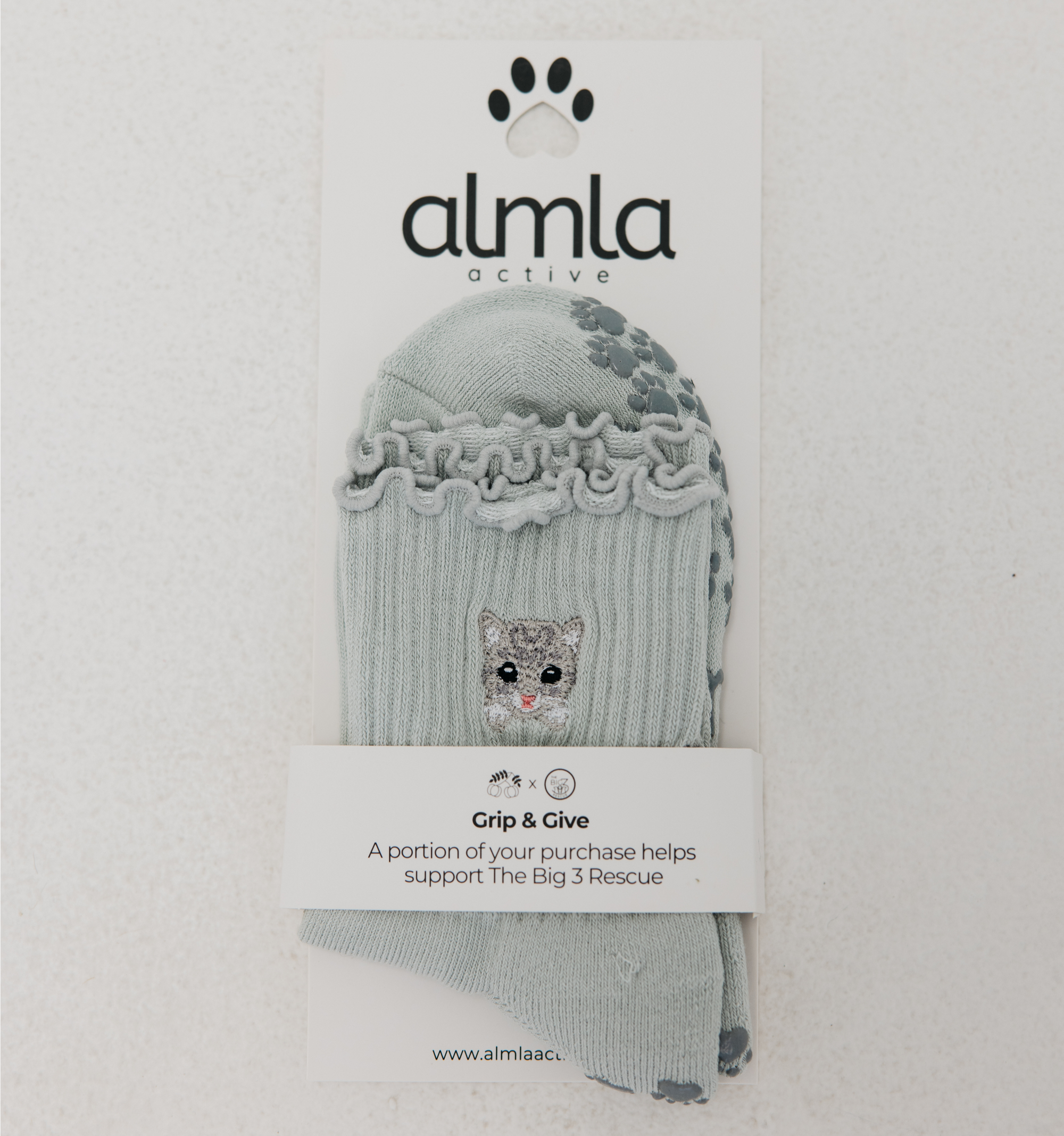 Almla Active - Cat Embroidered Pilates Grip Socks Gray Paw Grips