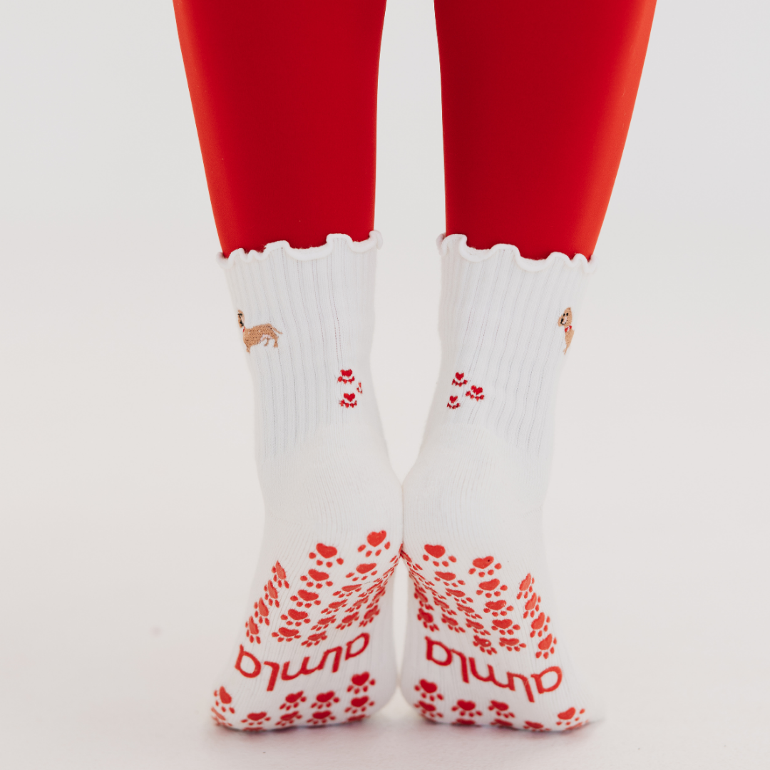 Almla Active - Dachshund Embroidered Pilates Socks Red Paw Grips