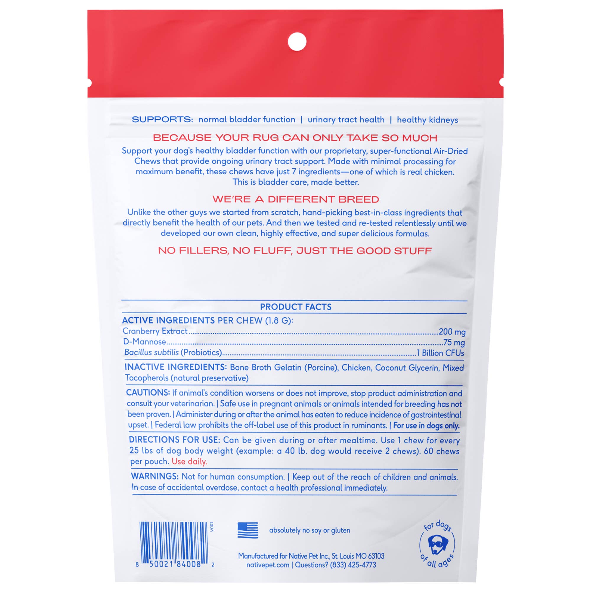 Native Pet - Cranberry Bladder Chews, Kidney &amp; Urinary Supplement for Dog: 60ct