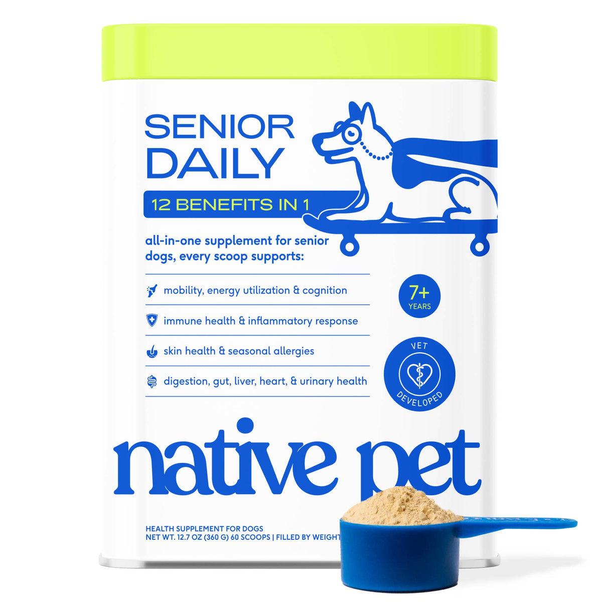 Native Pet - Senior Daily 12-in-1 Multivitamin Powder Supplement for Dogs: 30 scoops
