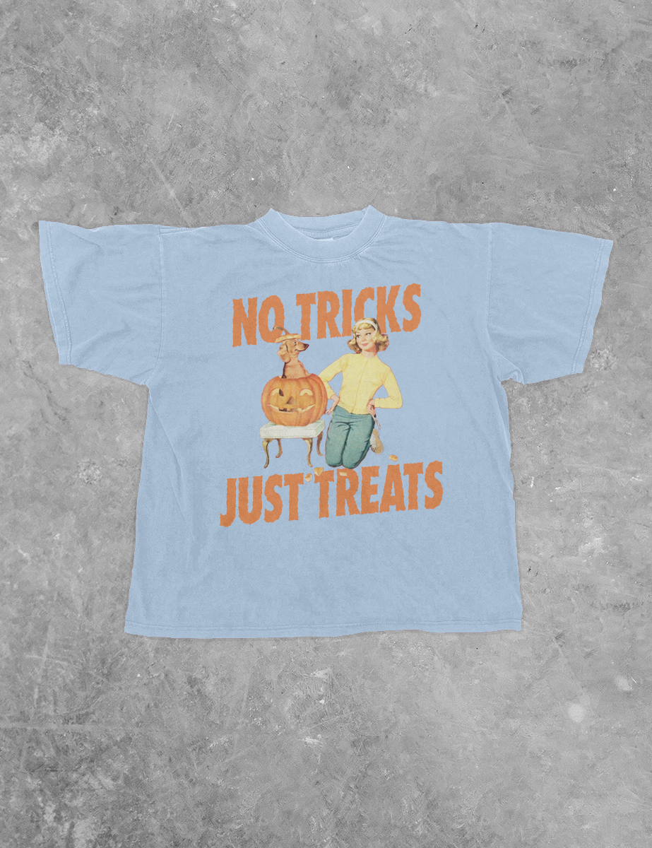 The Clandestine Underground - No Tricks Just Treats, Halloween Boxy TShirt: Washed Dark Denim