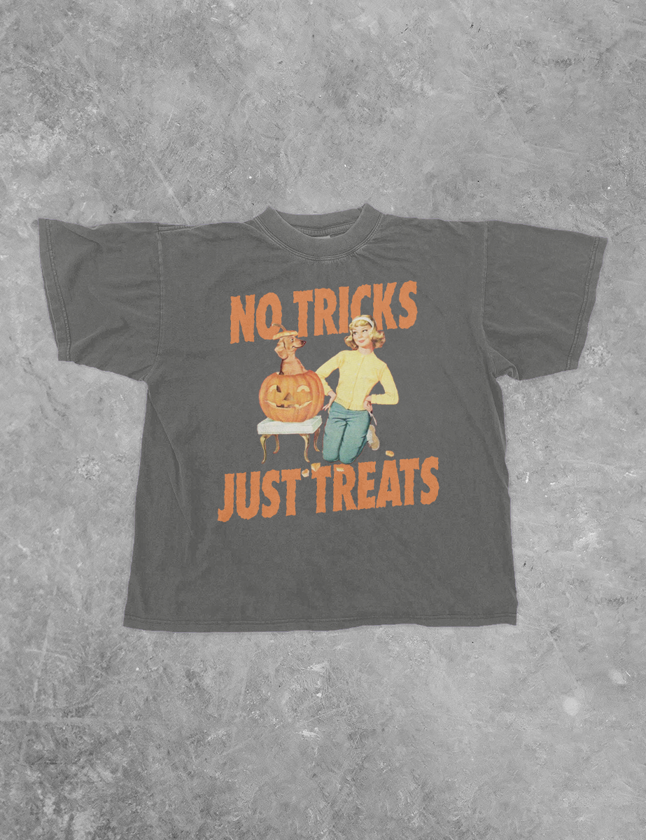 The Clandestine Underground - No Tricks Just Treats, Halloween Boxy TShirt: Washed Dark Denim