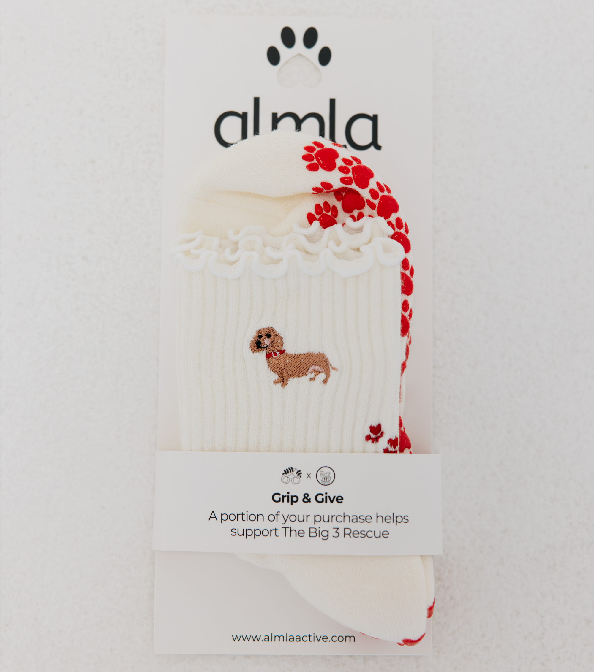Almla Active - Dachshund Embroidered Pilates Socks Red Paw Grips