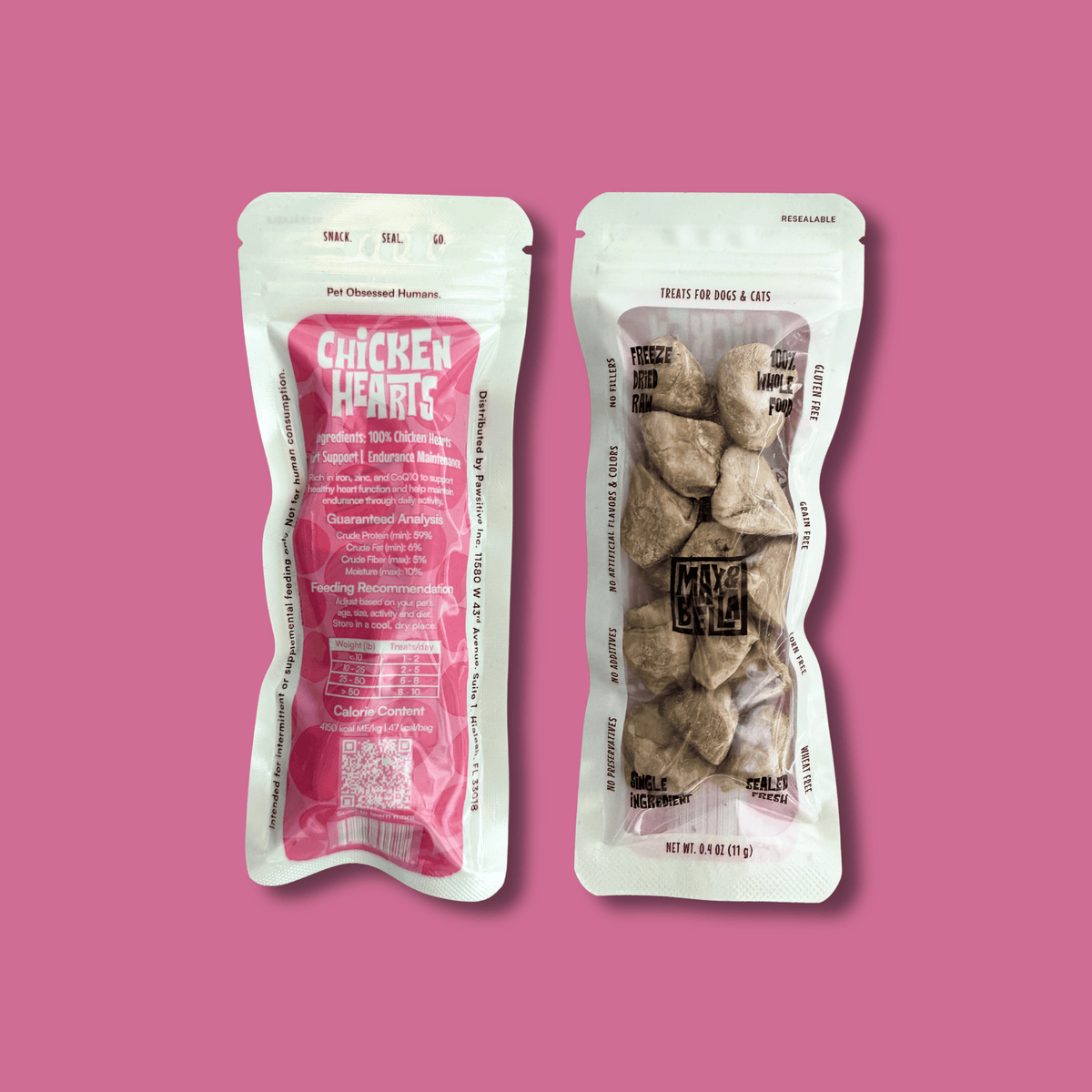 Max &amp; Bella - Freeze-Dried Chicken Hearts Treats for Dogs &amp; Cats — Single Ingredient, Grab-and-Go Packs: 10-PACK