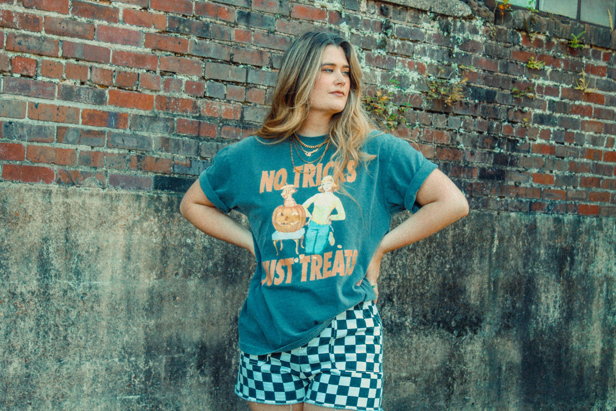 The Clandestine Underground - No Tricks Just Treats, Halloween Boxy TShirt: Washed Dark Denim