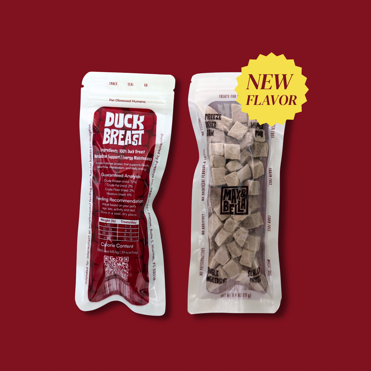 Max &amp; Bella - Freeze-Dried Duck Breast Treats for Dogs &amp; Cats — Single Ingredient, Grab-and-Go Packs: 10-PACK