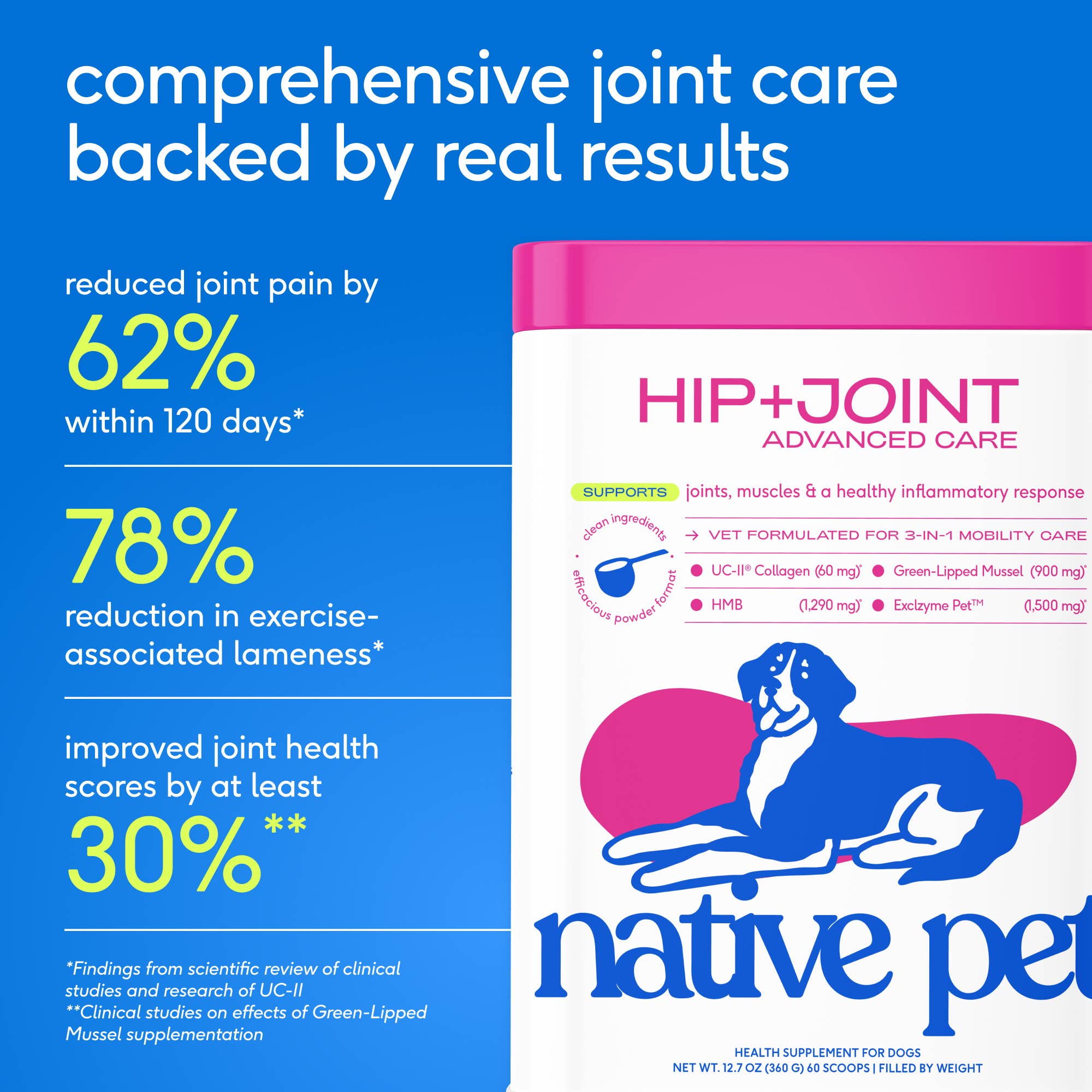 Native Pet - Hip+Joint Advanced Care Powder Joint, Muscle &amp; Inflammation: 60 scoops