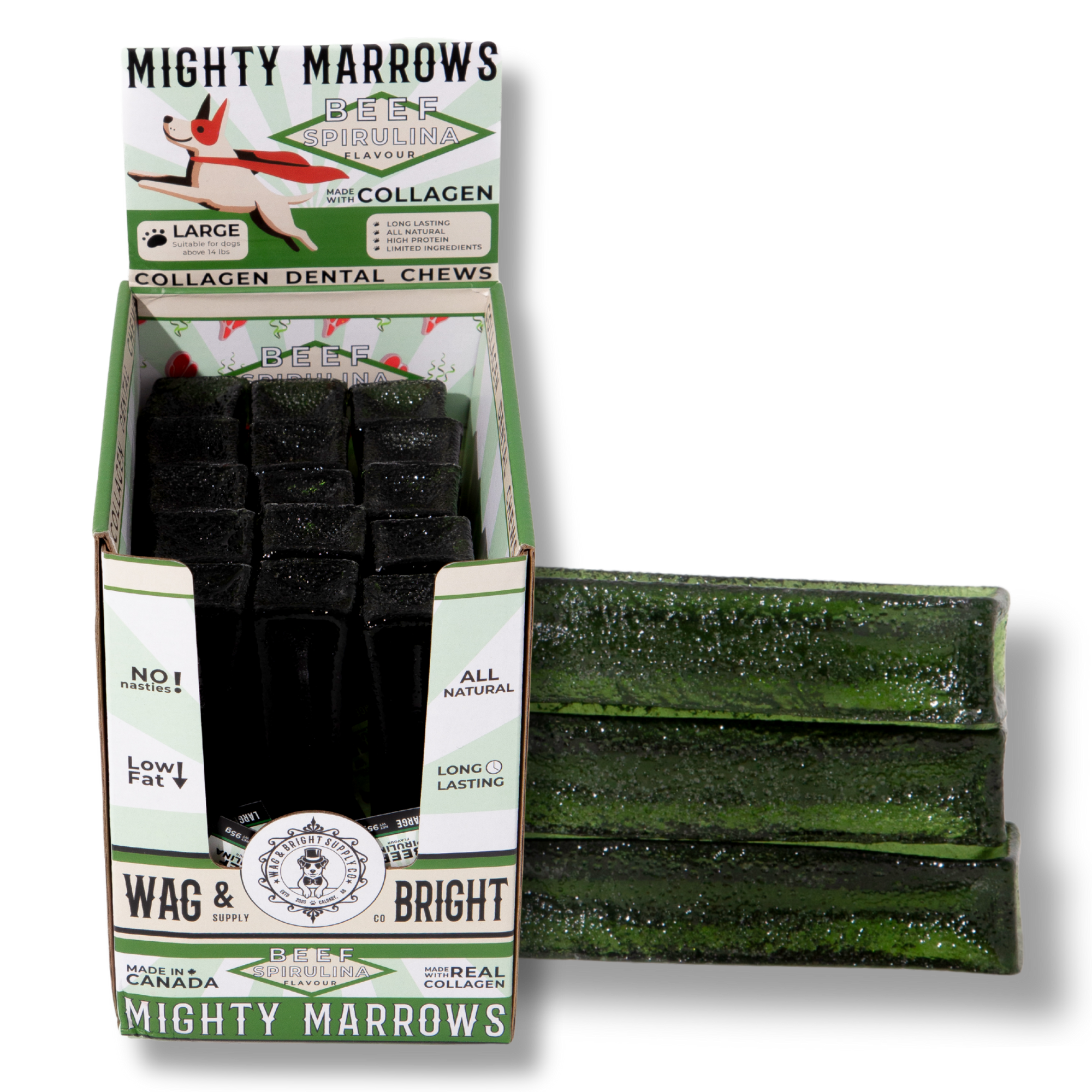 Wag &amp; Bright Supply Co. - Mighty Marrows Collagen Dental Chew- Spirulina Beef- 3 Sizes: Large