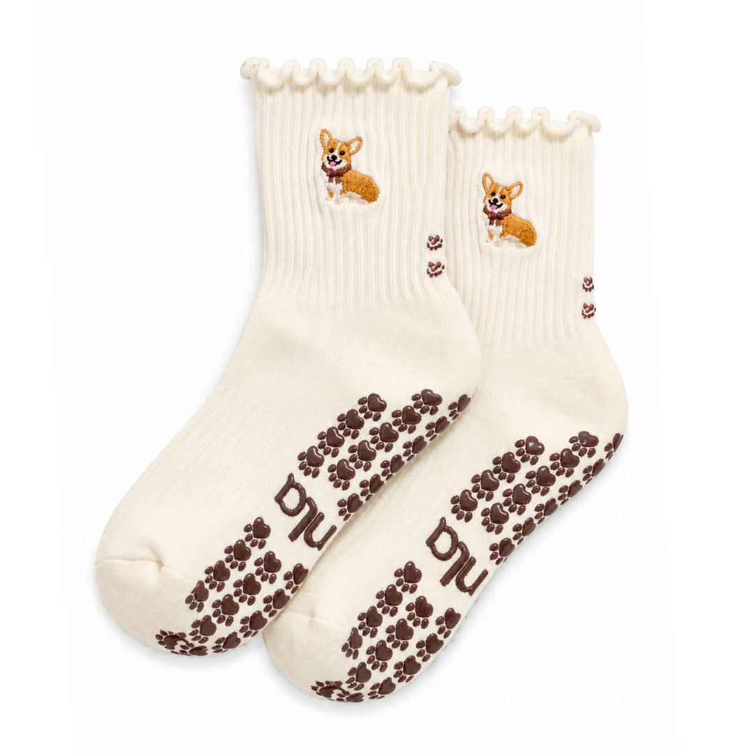 Almla Active - Corgi Embroidered Pilates Socks Brown Paw Grips