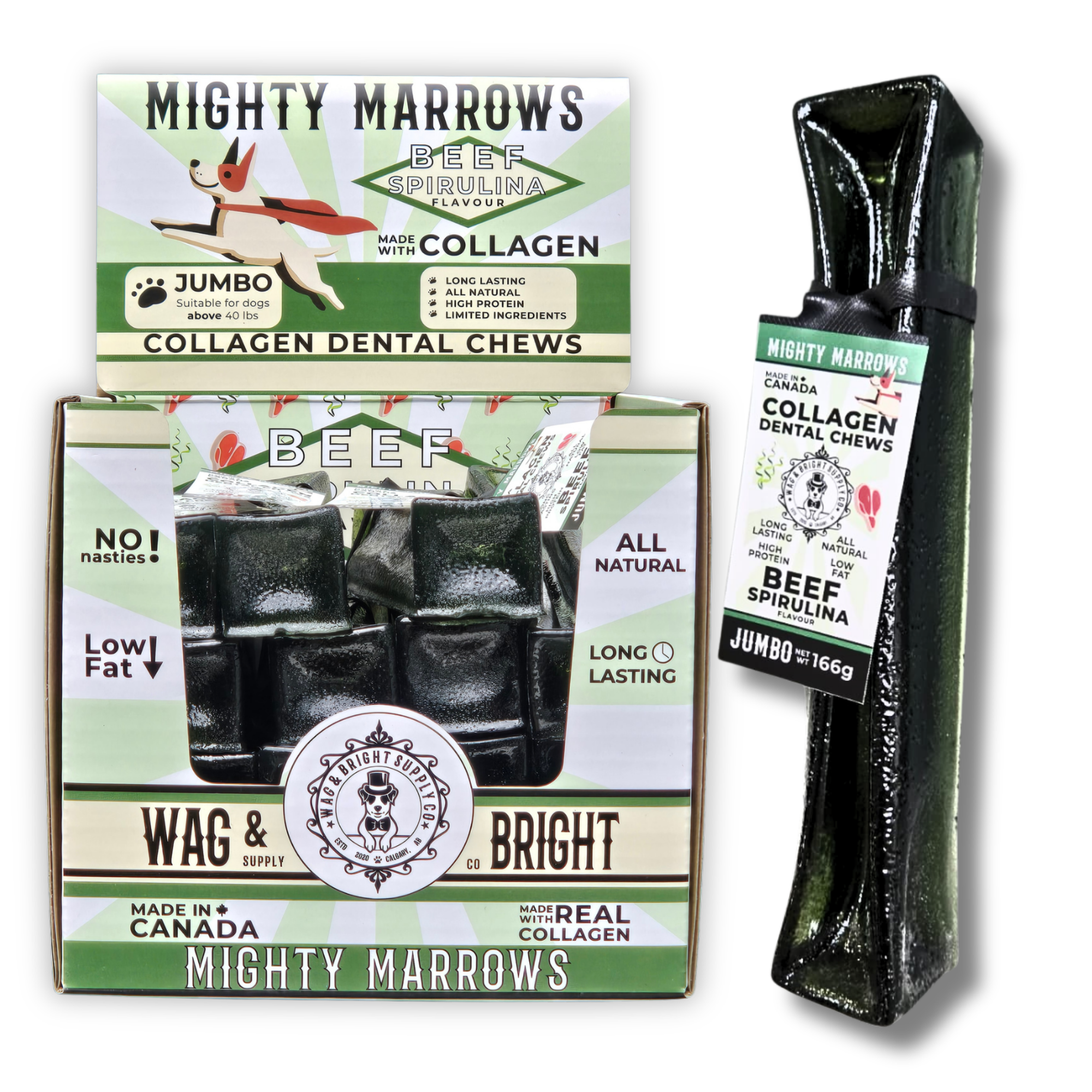 Wag &amp; Bright Supply Co. - Mighty Marrows Collagen Dental Chew- Spirulina Beef- 3 Sizes: Large