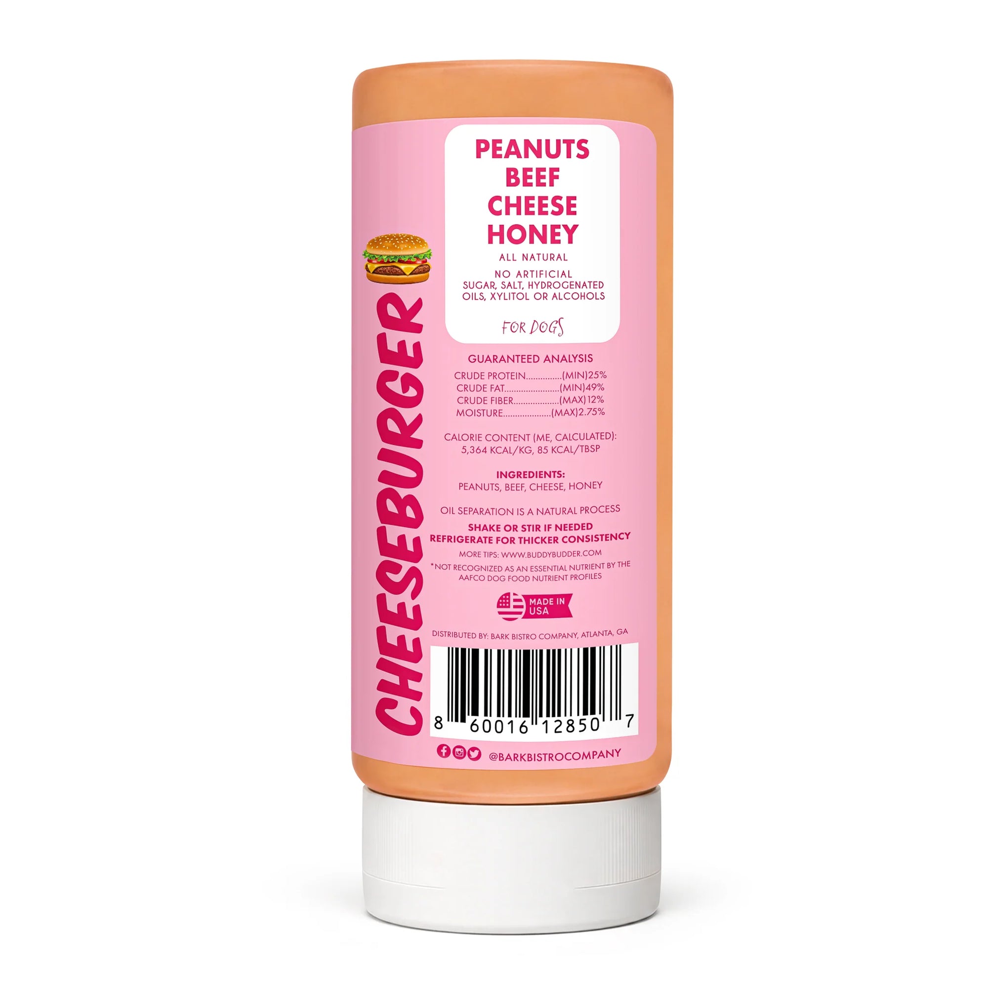 Bark Bistro LIMITED EDITION Cheeseburger Buddy Budder - 14oz Dog Peanut Butter Squeeze Bottle