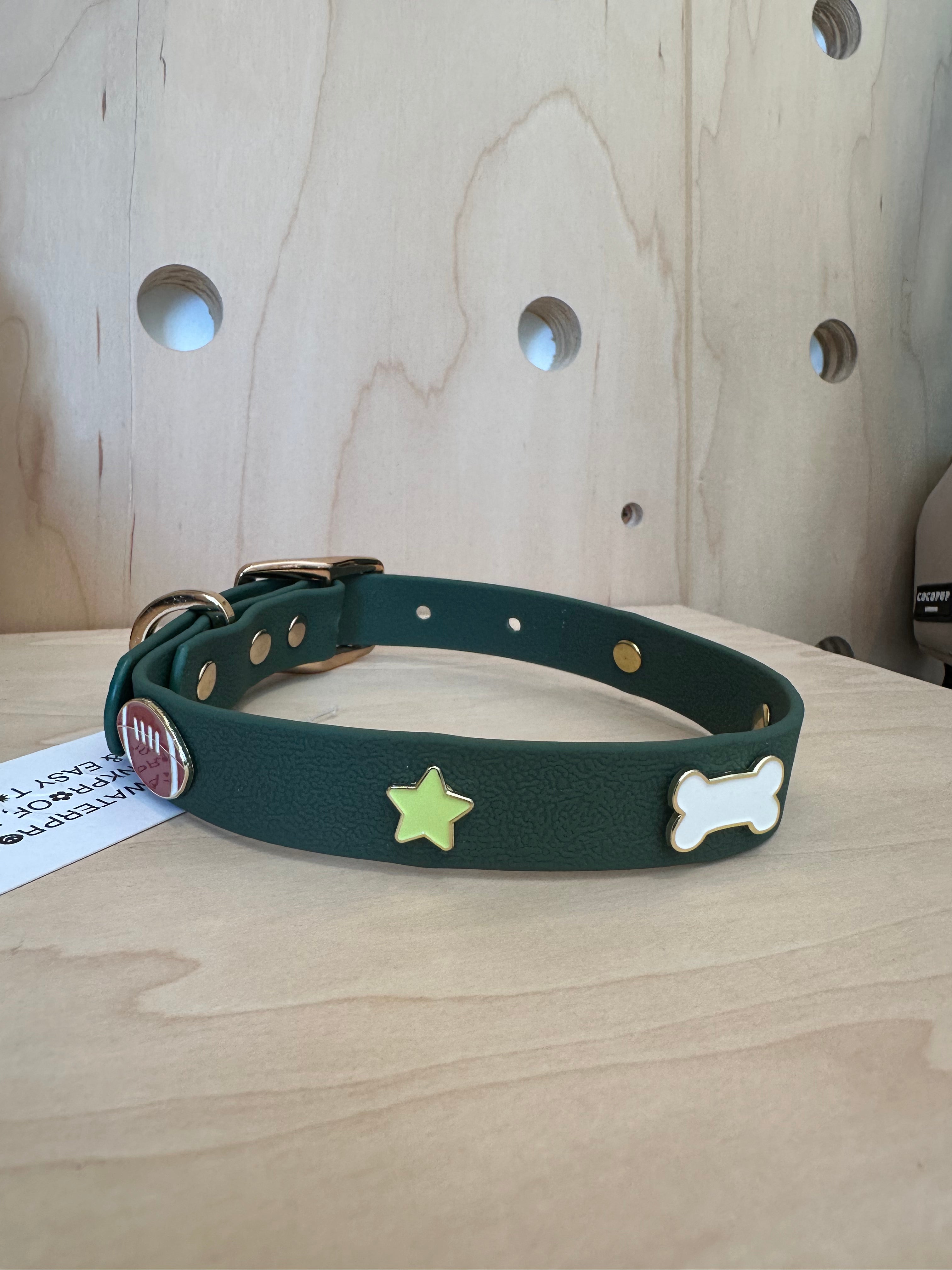Furei Pets - Football, Bone & Star Custom Collar - Forest Green