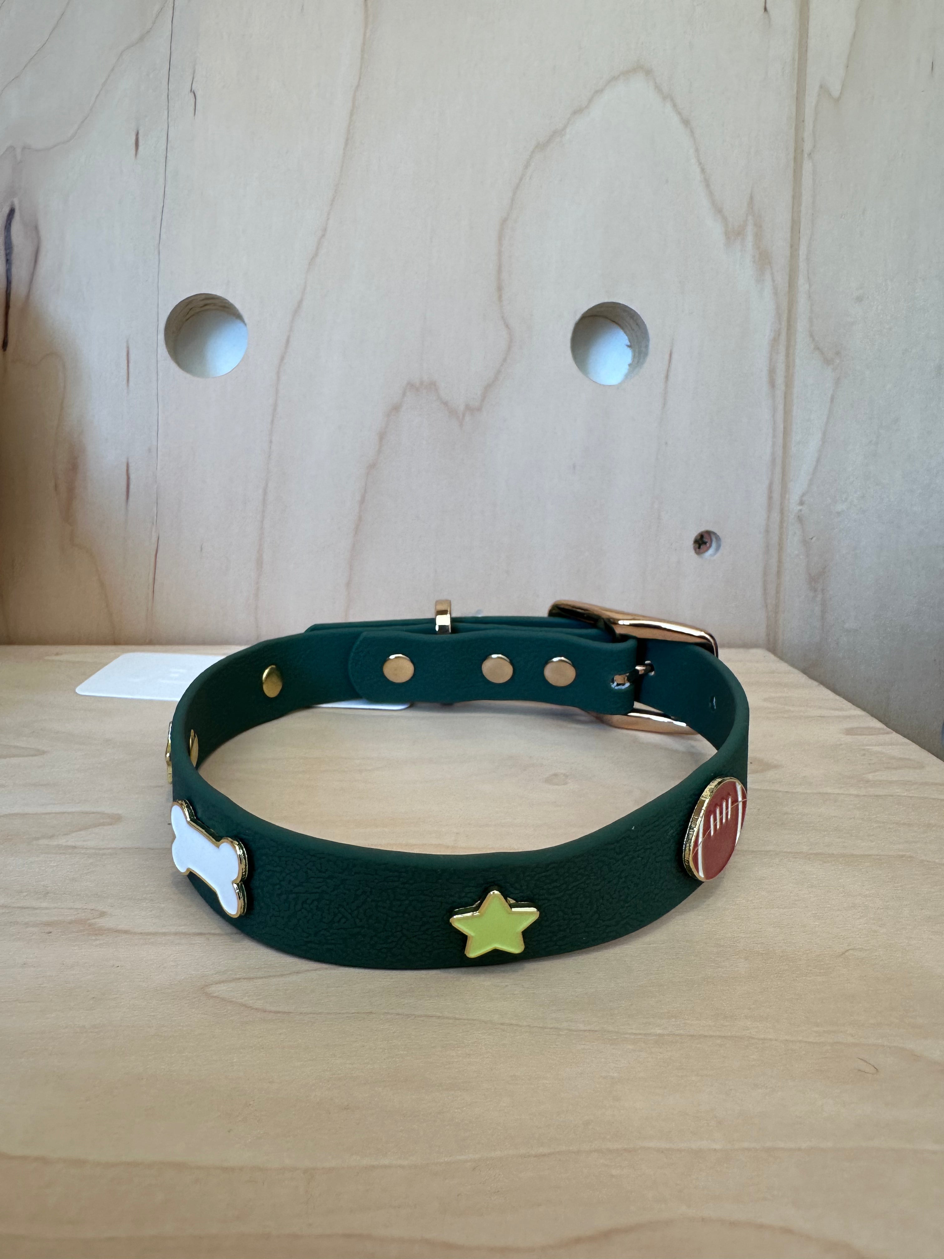 Furei Pets - Football, Bone & Star Custom Collar - Forest Green