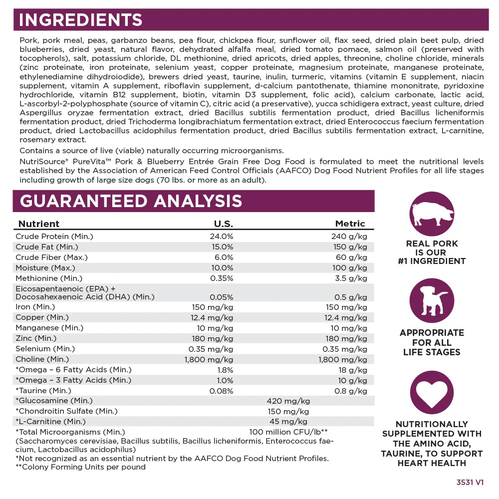 Nutrisource Pure Vita - Pork &amp; Blueberry Entree