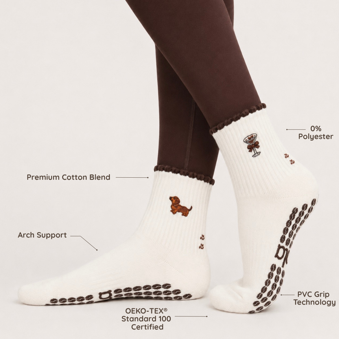 Almla Active - Dachshund &amp; Espresso Martini Double Sided Pilates Grip Sock: One Size
