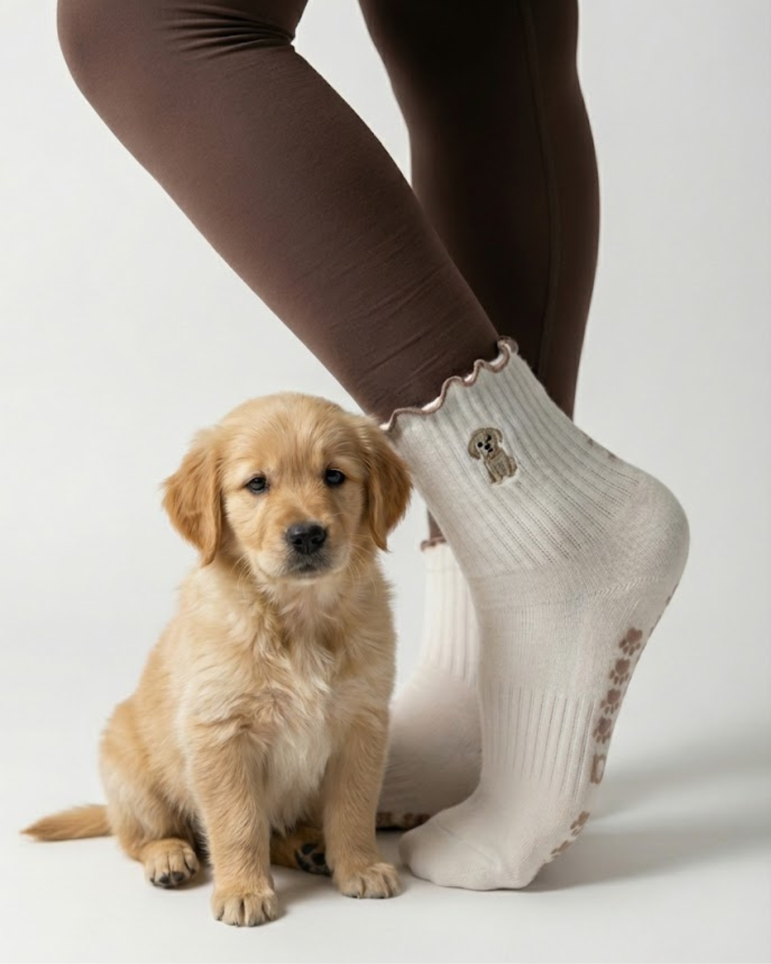 Almla Active - Golden Retriever Ruffle Pilates Socks Brown Paw Shaped Grips