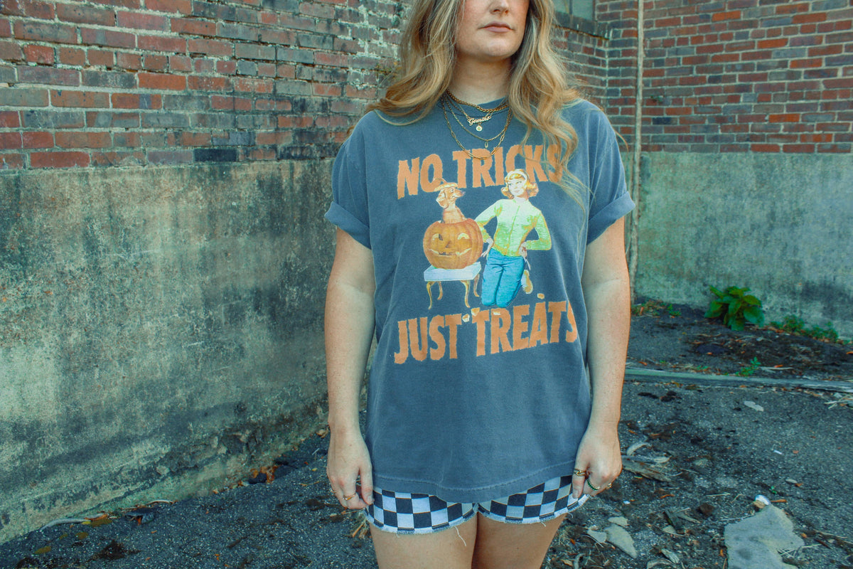 The Clandestine Underground - No Tricks Just Treats, Halloween Boxy TShirt: Washed Dark Denim