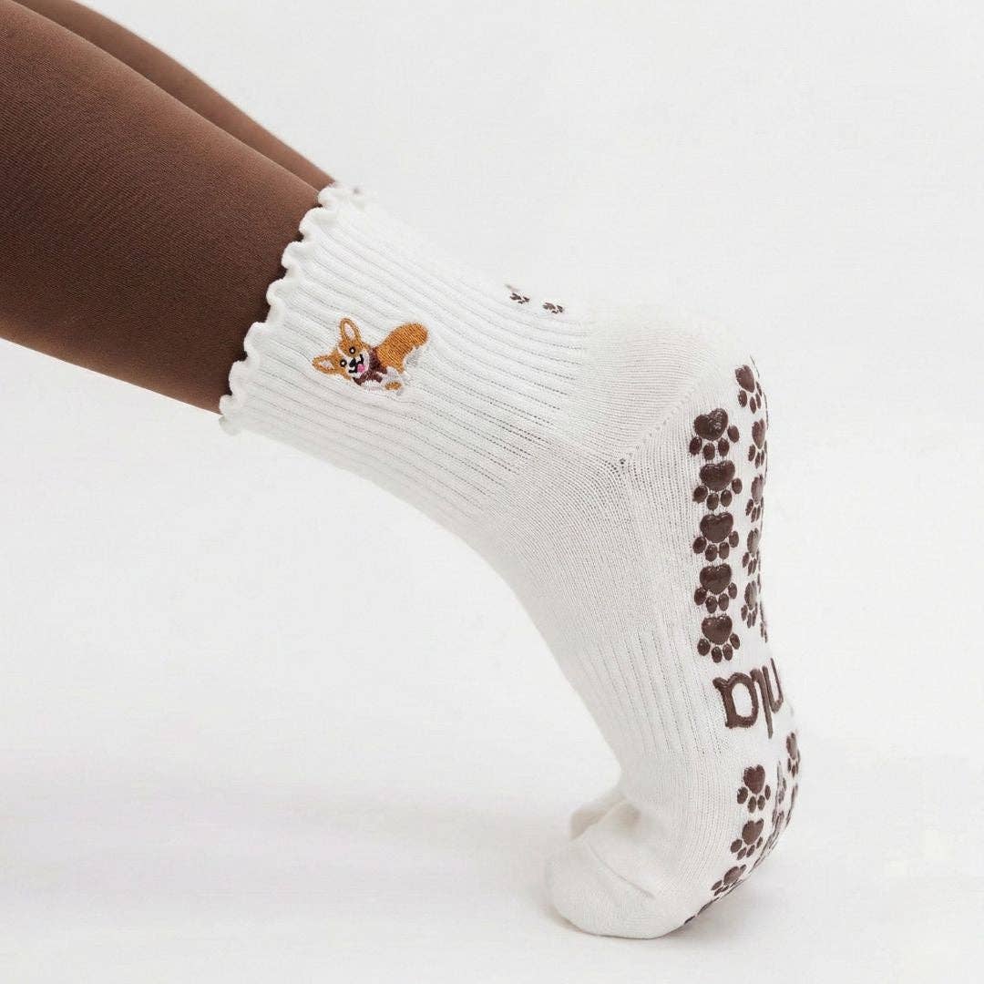 Almla Active - Corgi Embroidered Pilates Socks Brown Paw Grips