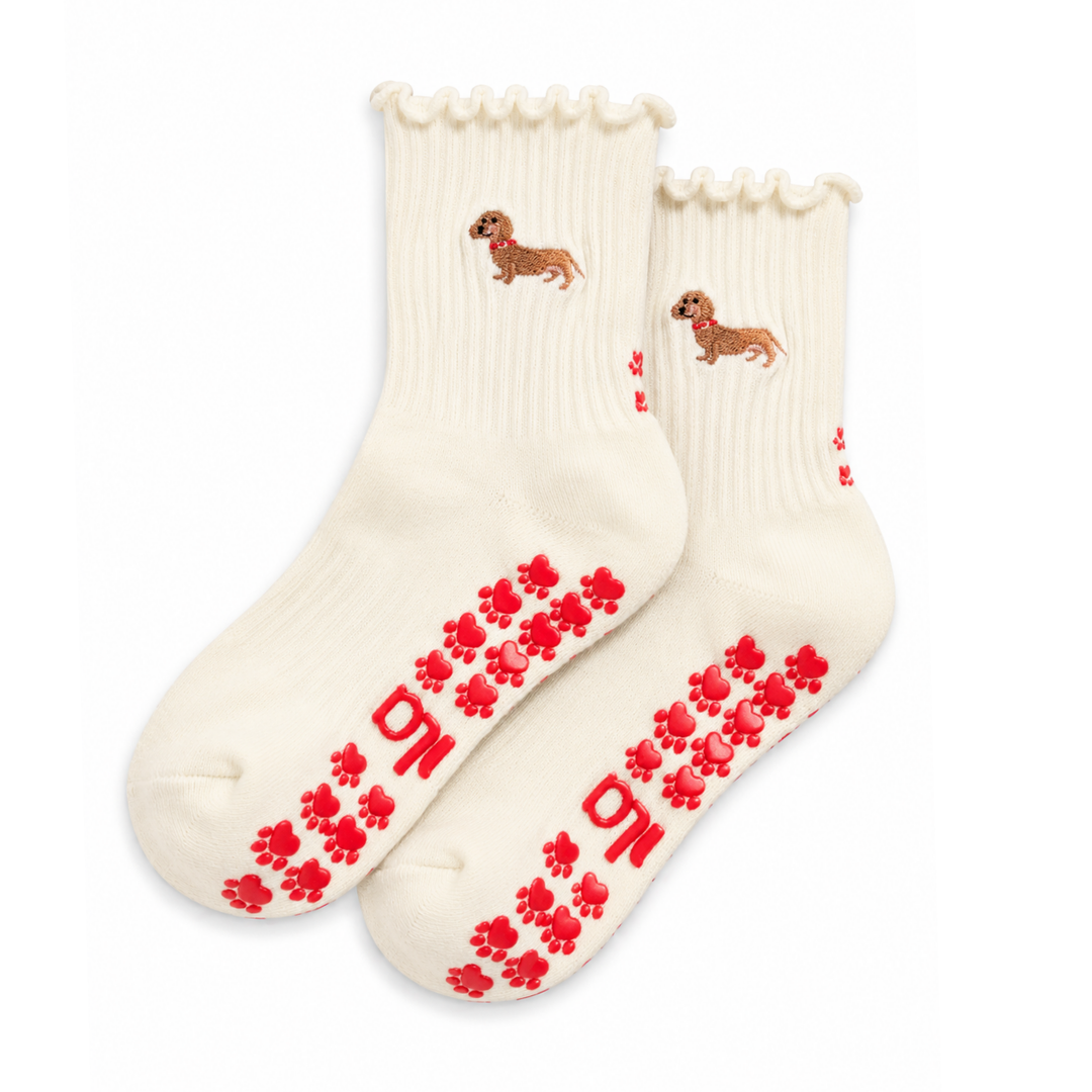 Almla Active - Dachshund Embroidered Pilates Socks Red Paw Grips