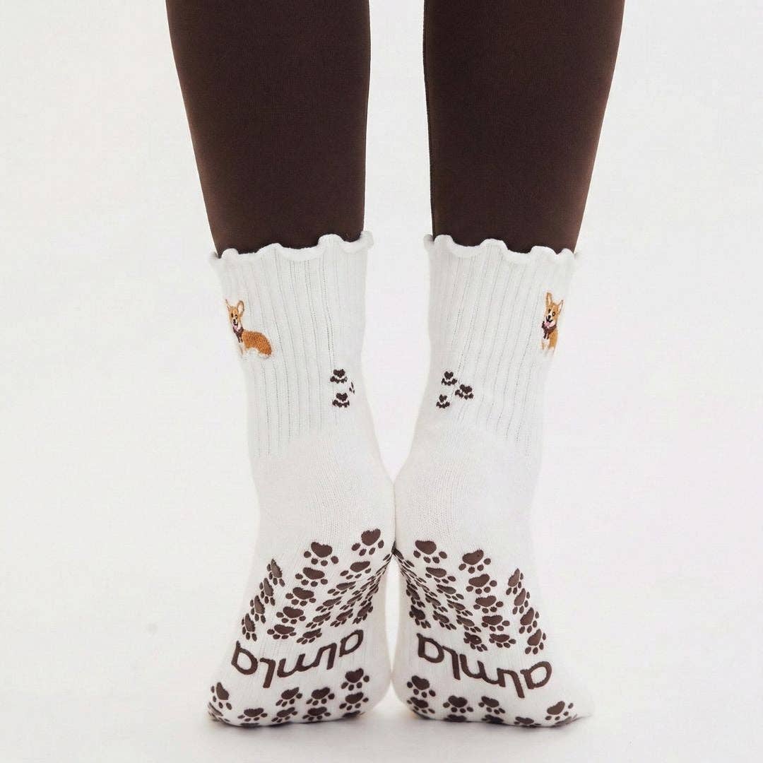 Almla Active - Corgi Embroidered Pilates Socks Brown Paw Grips