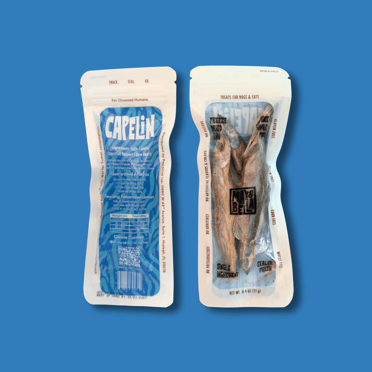 Max &amp; Bella - Freeze-Dried Capelin Treats for Dogs &amp; Cats — Single Ingredient, Grab-and-Go Packs: 10-Pack