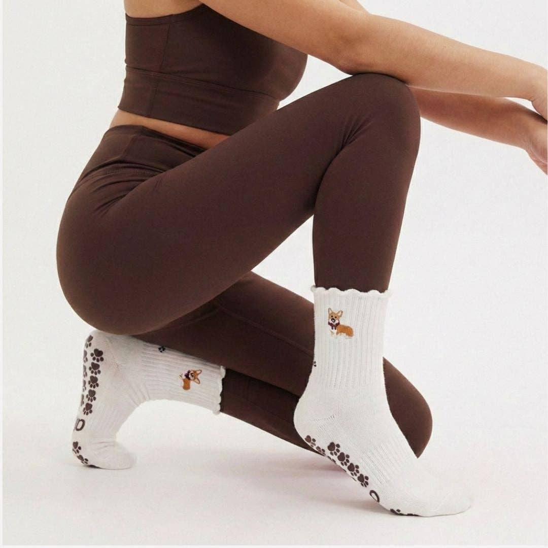 Almla Active - Corgi Embroidered Pilates Socks Brown Paw Grips