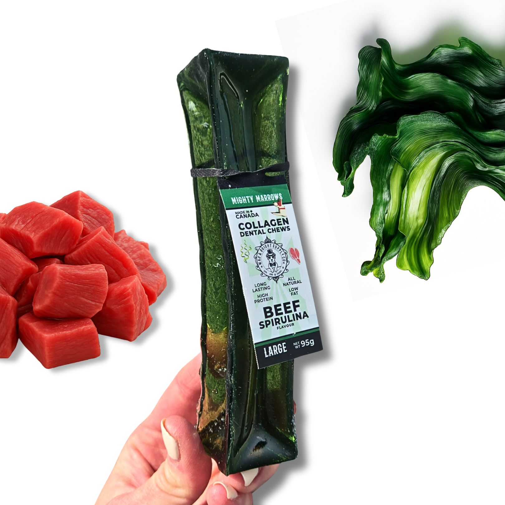 Wag &amp; Bright Supply Co. - Mighty Marrows Collagen Dental Chew- Spirulina Beef- 3 Sizes: Large