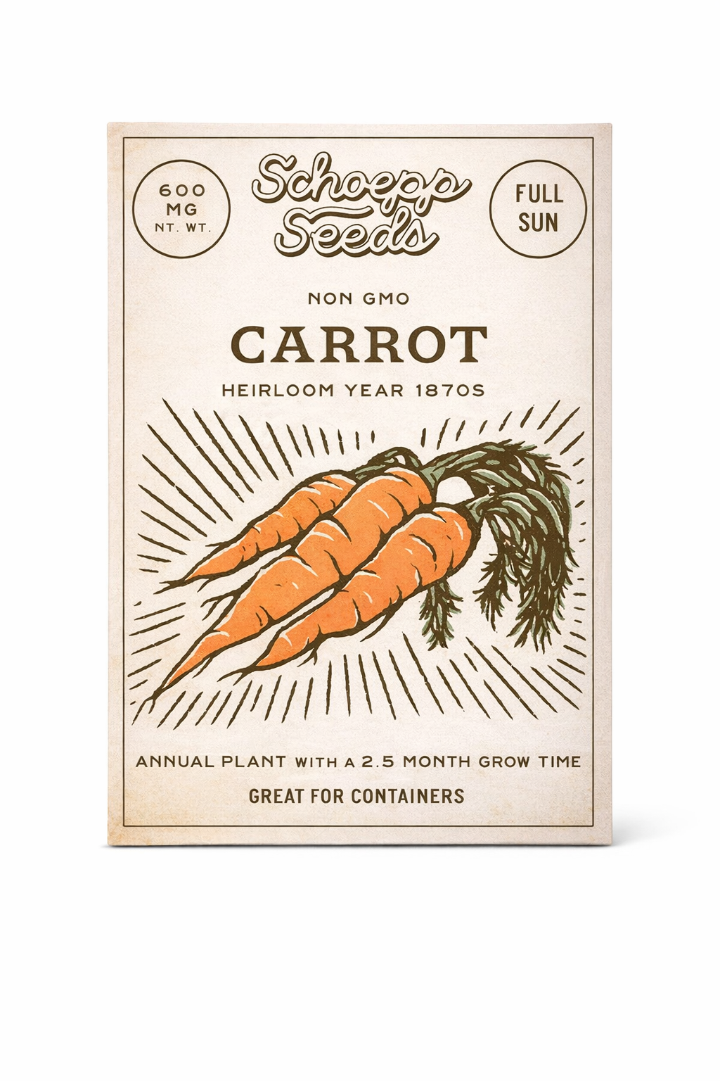 Schoepp Seeds - Carrot, Half Long Heirloom Garden Seed Packets