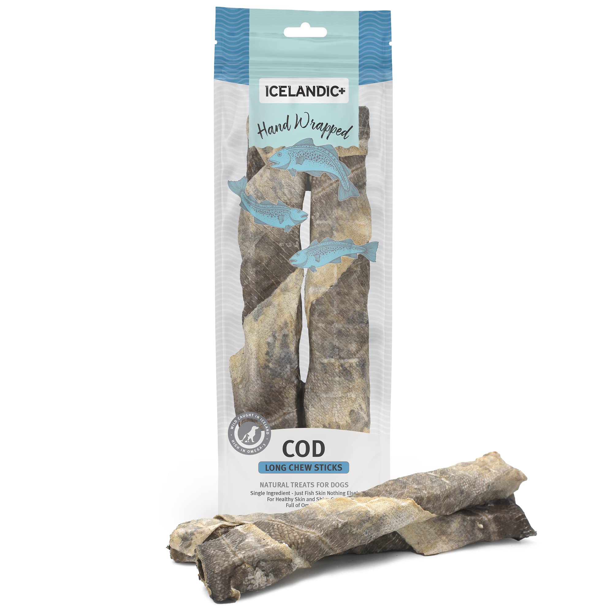 Icelandic+ Hand Wrapped Cod Skin Long Chew Stick Dog Treats 4.6-oz Bag