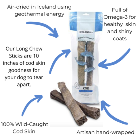 Icelandic+ Hand Wrapped Cod Skin Long Chew Stick Dog Treats 4.6-oz Bag