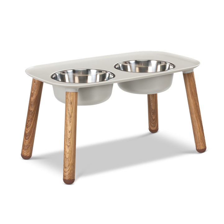 Elevated Double Feeder with Stainless Bowls, Adjustable Height 3" to 10", 5 Cups Per Bowl, Light Grey, Faux Wood Legs